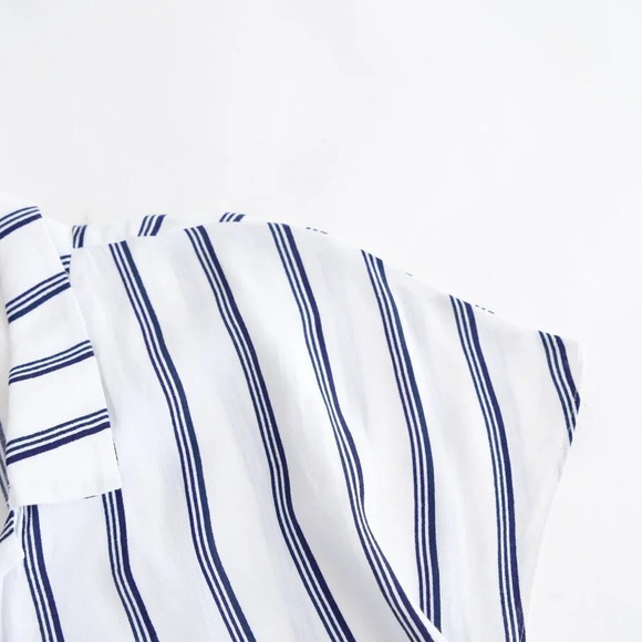 Aritzia Wilfred Free Navy & White Stripe Cropped Tie Blouse Sailor Shirt XXS - Picture 10 of 12